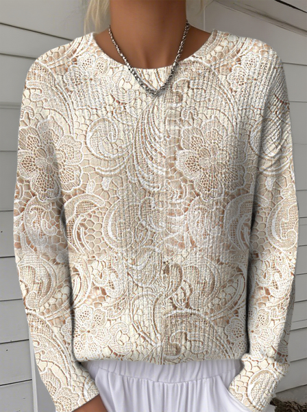 

Women Floral Long Sleeve Comfy Vintage Sweater, Apricot, Hoodies & Sweatshirts