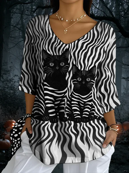 

Vintage Cat Crew Neck Three Quarter Sleeve T-shirt, As picture, T-shirts