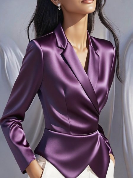 

Satin Urban Plain Irregular Craftsmanship Lapel Collar Shirt, Purple, Blouses and Shirts