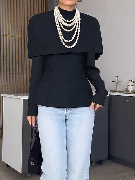 

Urban Plain Stand Collar Blouse, Black, Blouses and Shirts