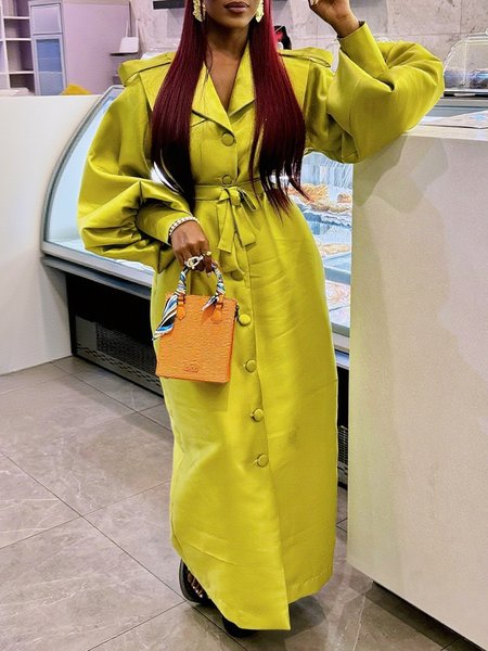 

Urban Balloon Sleeve Plain Lapel Collar Trench Coat With Belt, Yellow, Trench Coats