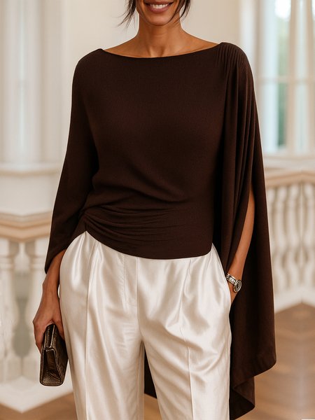 

Casual Plain Ruched Crew Neck Dolman Sleeve Blouse, Brown, Blouses and Shirts