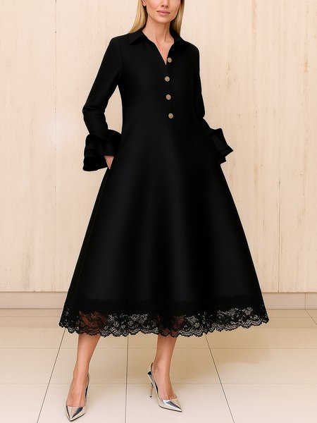 

Elegant Plain Ruffle Sleeve Lace Edge Shirt Collar Midi Dress, Black, Midi Dresses