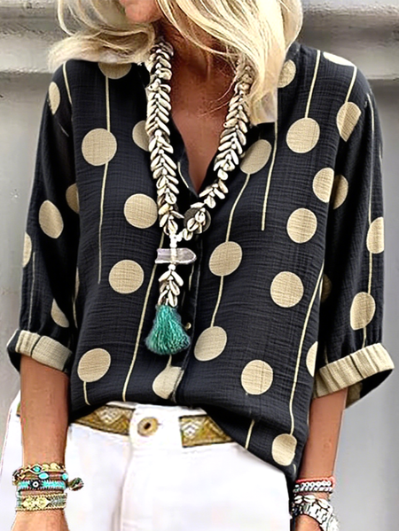 

Shirt Collar Long Sleeve Striped Regular Loose Shirt For Women, Black, Blouses