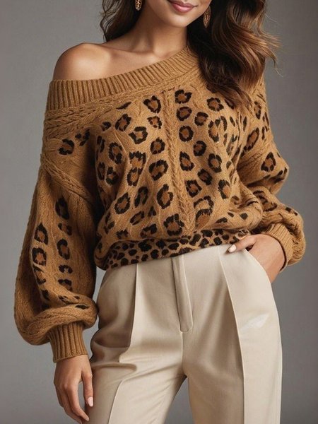 

Casual Animal Print Cold Shoulder Sweater, Camel, Pullovers