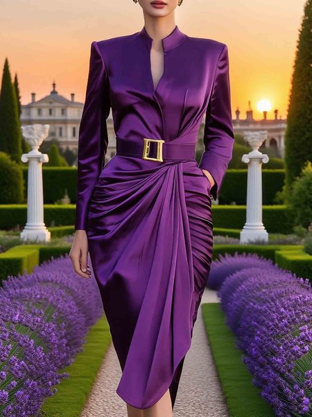 

Elegant Plain Ruched Stand Collar Midi Dress With Belt, Purple, Midi Dresses