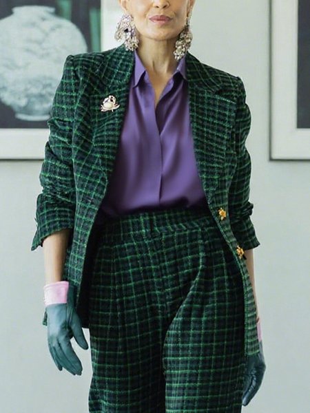 

Urban Plaid Lapel Collar Blazer With Brooch, Green, Blazers