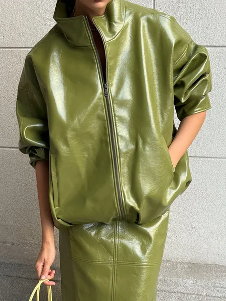 

Urban Raglan Sleeves Plain Stand Collar Faux Leather Coat, Green, Jackets