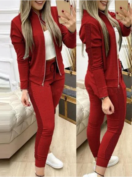 

Women Geometric Split Joint Two-Piece Set Daily Long Sleeve Casual Spring/Fall Top With Pants Matching Set, Wine red, Suit Set