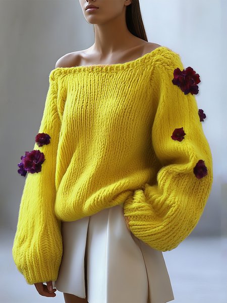

Casual Plain 3D Floral Off The Shoulder Sweater, Yellow, Pullovers