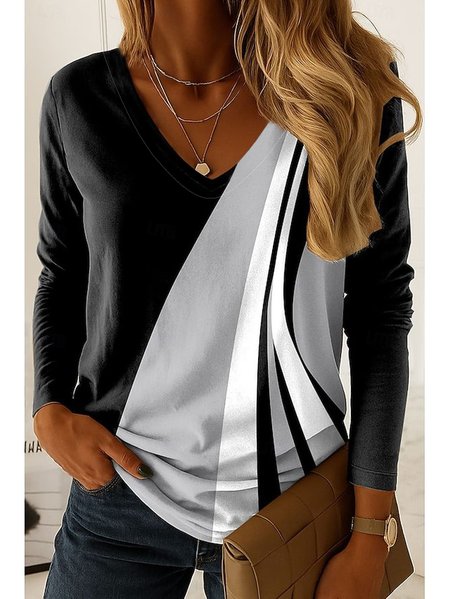 

Casual Color Block V Neck Long Sleeve T-shirt, Gray, T-shirts