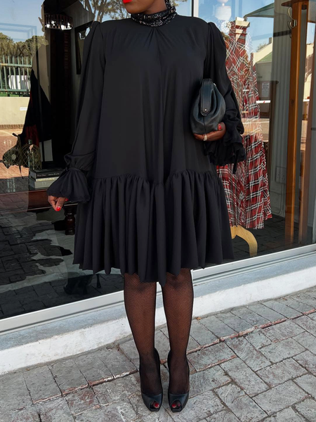 

Elegant Plain Stand Collar Knee Length Dress, Black, Midi Dresses