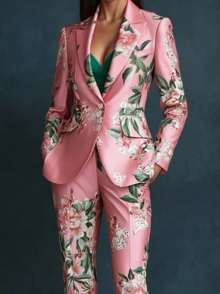 

Plus Size Urban Floral Regular Sleeve Lapel Collar Printing Blazer, Pink, Plus Outerwear
