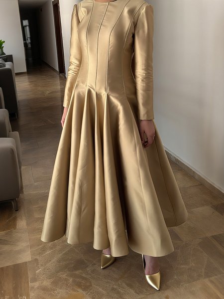 

Elegant Plain Satin Crew Neck Maxi Party Dress, Champagne, Maxi Dresses