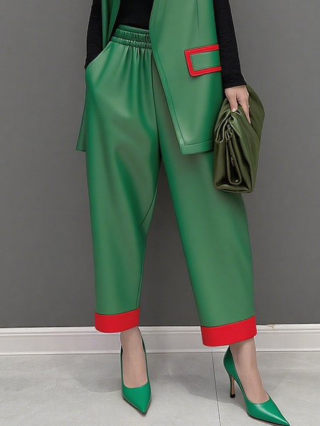 

Casual Color Block Faux Leather Pants, Green, Pants