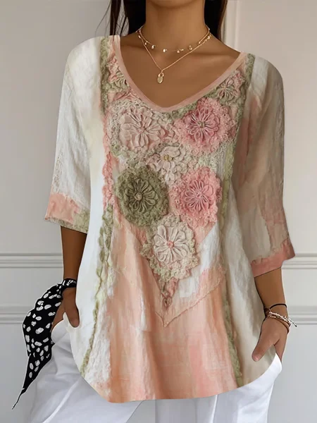 

Women Floral Three Quarter Sleeve Tee T-shirt V Neck Printing Casual Spring/Fall Graphic Tee Top, Pink, T-Shirts