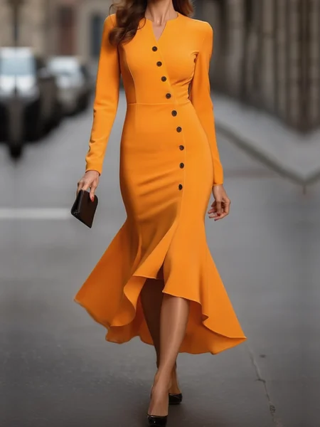 

Elegant Plain Buttoned Midi Dress, As picture, Midi Dresses