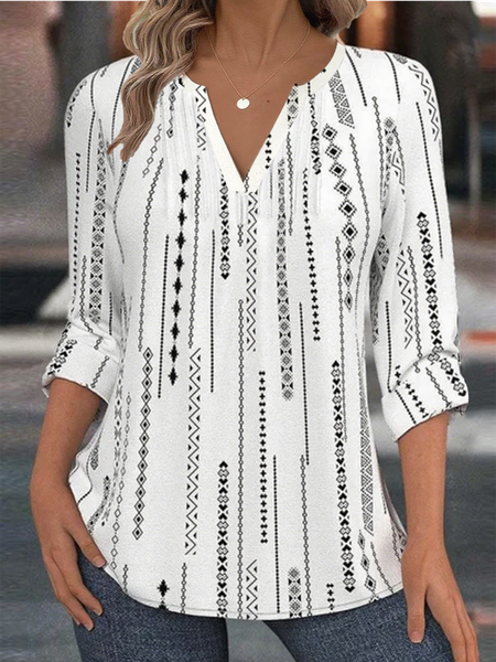 

V Neck Long Sleeve Striped Regular Loose Blouse For Women, White, Blouses