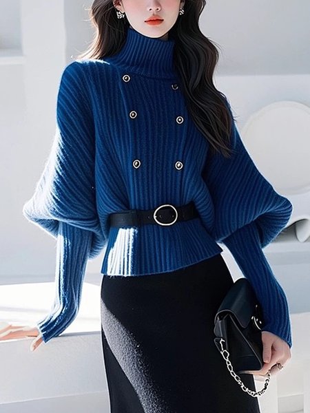 

Casual Plain Buttoned Turtleneck Balloon Sleeve Sweater No Belt, Blue, Pullovers
