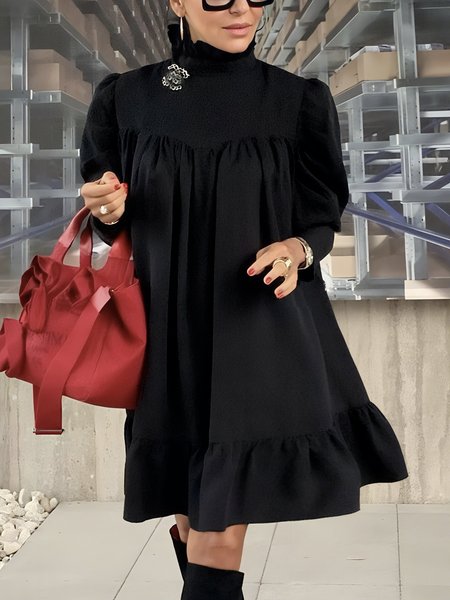 

Urban Plain Gathered Stand Collar Midi Dress, Black, Midi Dresses