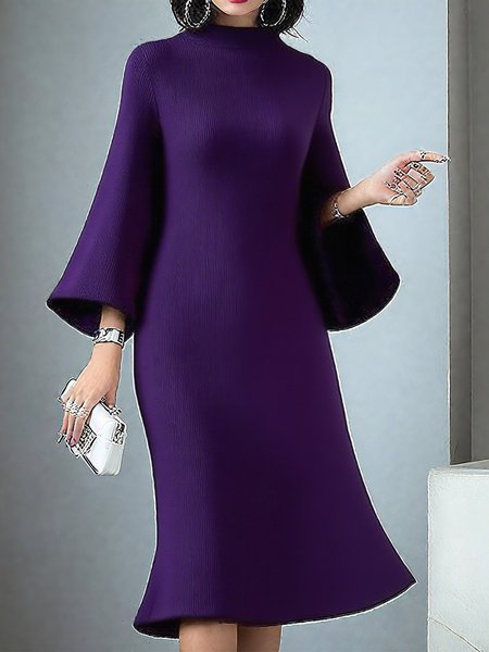 

Casual Plain Mock Neck Knee Length Sweater Dress, Purple, Midi Dresses