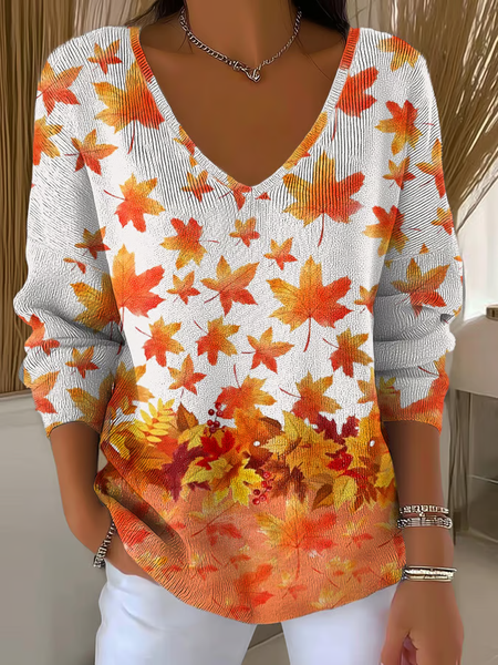 

Women Maple Leaf Long Sleeve Tee T-shirt V Neck Printing Casual Spring/Fall Top, Orange, T-Shirts