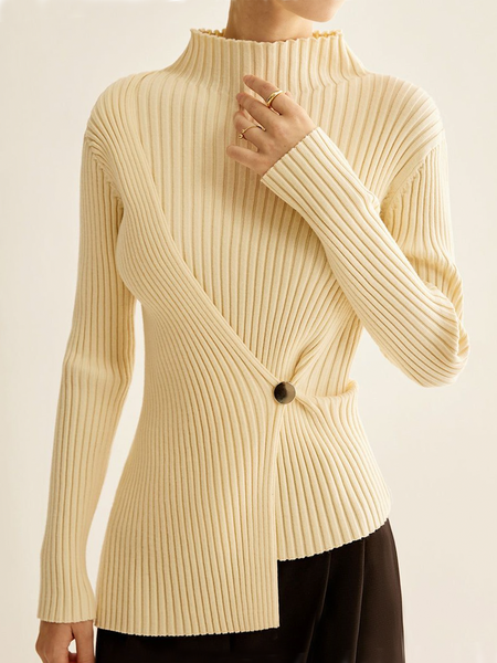 

Urban Plain Irregular Craftsmanship Stand Collar Sweater, Apricot, Pullovers
