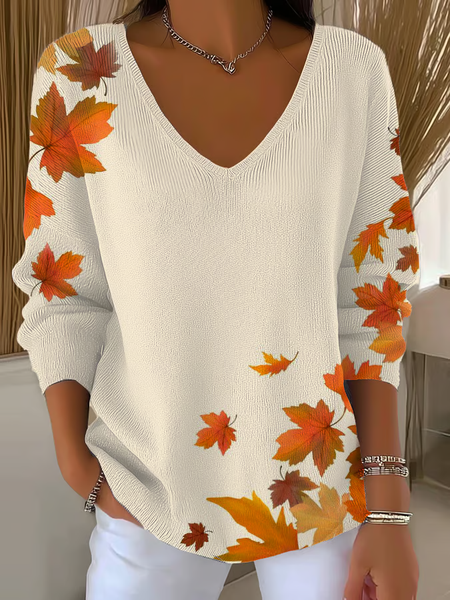 

Women Maple Leaf Long Sleeve Tee T-shirt V Neck Printing Casual Spring/Fall Top, Apricot, T-Shirts