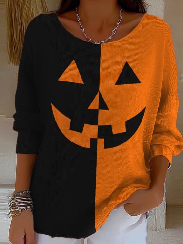 

Casual Geometric V Neck Long Sleeve T-shirt, Orange, T-shirts