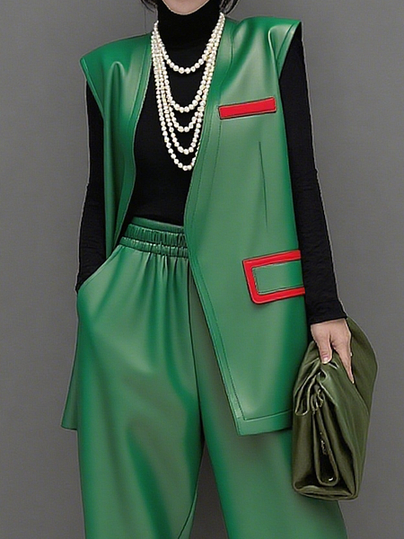 

Casual Color Block V Neck Faux Leather Coat, Green, Jackets