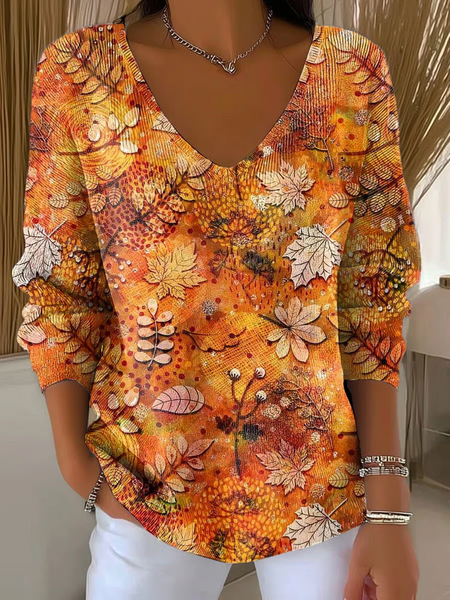 

Women Maple Leaf Long Sleeve Tee T-shirt V Neck Printing Casual Spring/Fall Top, Orange, T-Shirts