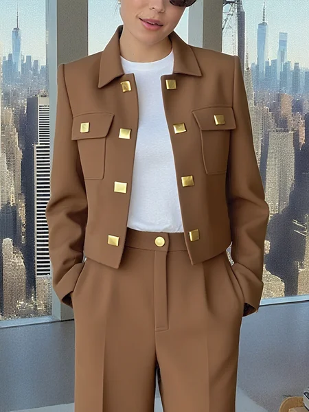 

Urban Buttoned Plain Shirt Collar Jacket, Brown, Jackets