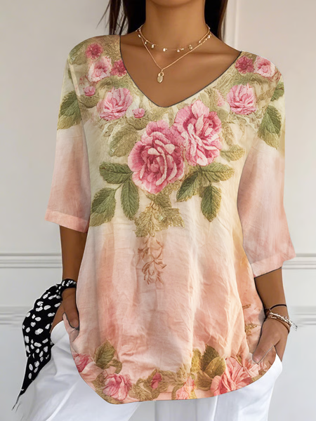 Women Floral Three Quarter Sleeve Tee T-shirt V Neck Printing Casual Spring/Fall Graphic Tee Top