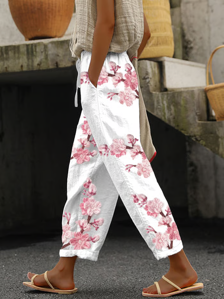 

Women Floral Long Pants Casual Spring/Fall Trousers, White, Pants