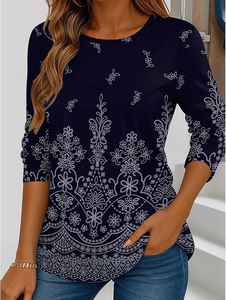

Casual Floral Crew Neck Long Sleeve T-shirt, As picture, T-shirts
