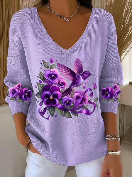 

Women Cotton Floral Long Sleeve Comfy Casual Sweater, Light purple, Sweaters