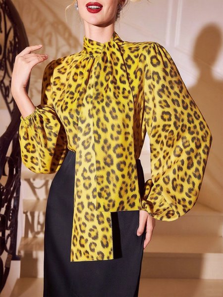 

Elegant Leopard Printing Stand Collar Puff Sleeve Blouse, Yellow, Blouses and Shirts