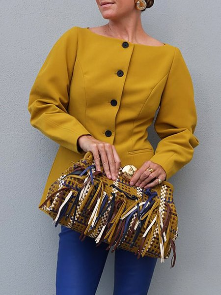 

Urban Buttoned Plain Boat Neck Jacket, Yellow, Jackets