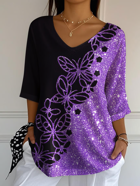 

Vintage Floral Crew Neck Three Quarter Sleeve T-shirt, As picture, T-shirts