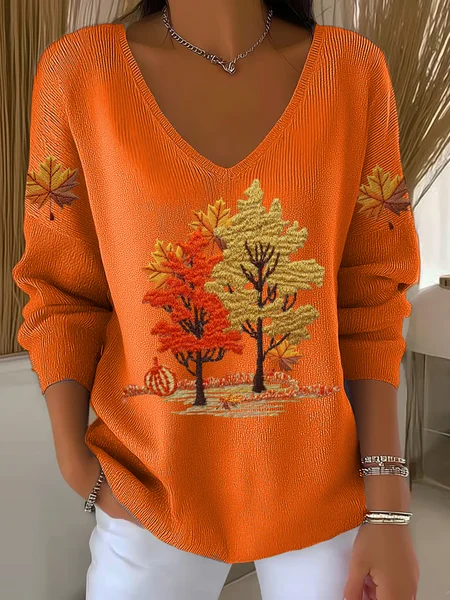 

Women Maple Leaf Long Sleeve Tee T-shirt V Neck Printing Casual Spring/Fall Top, Orange, T-Shirts