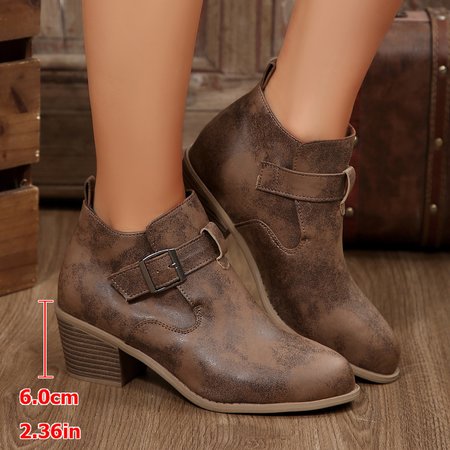 

Vintage Plain Slip On Block Heel Classic Boots, Coffee, Women shoes