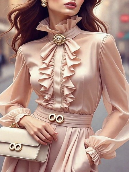 

Satin Urban Plain Gathered Balloon Sleeve Blouse, Pink, Blouses and Shirts