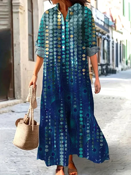 

Women Geometric Spring/Fall Dress V Neck Long Sleeve Shirt Dress A-Line Dress, Blue, Maxi