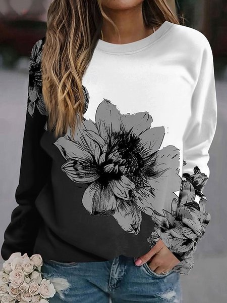 

Vintage Floral Crew Neck Long Sleeve T-shirt, As picture, T-shirts