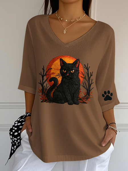

Vintage Cat Crew Neck Three Quarter Sleeve T-shirt, Brown, T-shirts