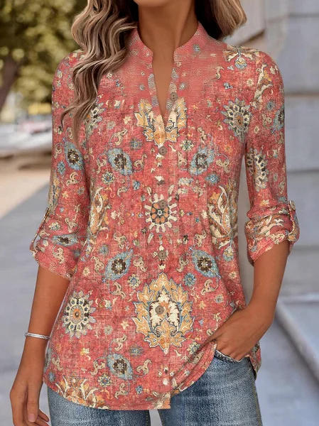 

Stand Collar Long Sleeve Ethnic Regular Loose Shirt For Women, Brick red, Blouses