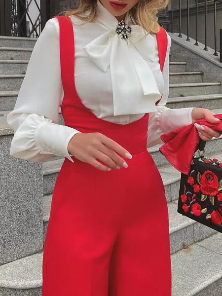 

Elegant Plain Lace-up Shirt With Brooch, Off white, Blouses and Shirts