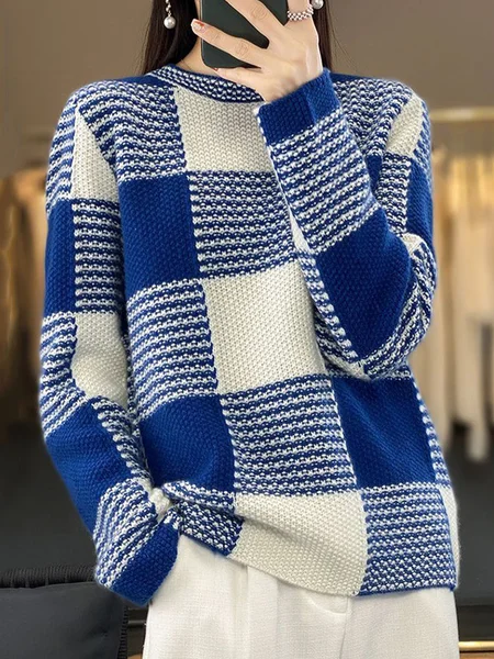 

Casual Plaid Crew Neck Sweater, Blue, Pullovers