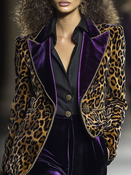 

Urban Velvet Split Joint Animal Print Lapel Collar Blazer, As picture, Blazers