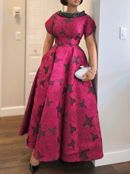 

Elegant Floral Jacquard Crew Neck Maxi Dress, Rose red, Maxi Dresses